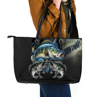 Largemouth Bass Fishing Scale Customize Name Leather Tote Bag Aggressive Bass Scaled Texture and Black Sporty - Wonder Print Shop