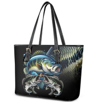 Largemouth Bass Fishing Scale Customize Name Leather Tote Bag Aggressive Bass Scaled Texture and Black Sporty - Wonder Print Shop