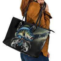 Largemouth Bass Fishing Scale Customize Name Leather Tote Bag Aggressive Bass Scaled Texture and Black Sporty - Wonder Print Shop