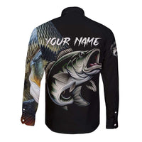 Largemouth Bass Fishing Scale Customize Name Long Sleeve Button Shirt Aggressive Bass Scaled Texture and Black Sporty - Wonder Print Shop