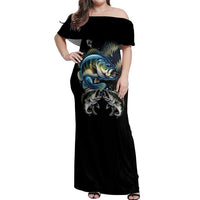 Largemouth Bass Fishing Scale Customize Name Off Shoulder Maxi Dress Aggressive Bass Scaled Texture and Black Sporty - Wonder Print Shop
