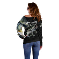 Largemouth Bass Fishing Scale Customize Name Off Shoulder Sweater Aggressive Bass Scaled Texture and Black Sporty - Wonder Print Shop