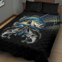 Largemouth Bass Fishing Scale Customize Name Quilt Bed Set Aggressive Bass Scaled Texture and Black Sporty - Wonder Print Shop