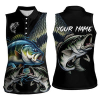 Largemouth Bass Fishing Scale Customize Name Women Sleeveless Polo Shirt Aggressive Bass Scaled Texture and Black Sporty - Wonder Print Shop
