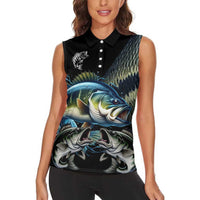 Largemouth Bass Fishing Scale Customize Name Women Sleeveless Polo Shirt Aggressive Bass Scaled Texture and Black Sporty - Wonder Print Shop