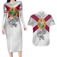 Florida State Flag Fishing Couples Matching Long Sleeve Bodycon Dress and Hawaiian Shirt Hook and Fish Sketch Graphic in Red and White Design - Wonder Print Shop