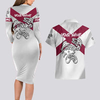 Florida State Flag Fishing Couples Matching Long Sleeve Bodycon Dress and Hawaiian Shirt Hook and Fish Sketch Graphic in Red and White Design - Wonder Print Shop
