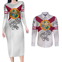Florida State Flag Fishing Couples Matching Long Sleeve Bodycon Dress and Long Sleeve Button Shirt Hook and Fish Sketch Graphic in Red and White Design - Wonder Print Shop