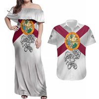 Florida State Flag Fishing Couples Matching Off Shoulder Maxi Dress and Hawaiian Shirt Hook and Fish Sketch Graphic in Red and White Design - Wonder Print Shop