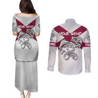 Florida State Flag Fishing Couples Matching Puletasi and Long Sleeve Button Shirt Hook and Fish Sketch Graphic in Red and White Design - Wonder Print Shop
