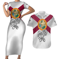 Florida State Flag Fishing Couples Matching Short Sleeve Bodycon Dress and Hawaiian Shirt Hook and Fish Sketch Graphic in Red and White Design - Wonder Print Shop