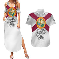 Florida State Flag Fishing Couples Matching Summer Maxi Dress and Hawaiian Shirt Hook and Fish Sketch Graphic in Red and White Design - Wonder Print Shop