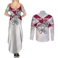 Florida State Flag Fishing Couples Matching Summer Maxi Dress and Long Sleeve Button Shirt Hook and Fish Sketch Graphic in Red and White Design - Wonder Print Shop