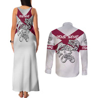 Florida State Flag Fishing Couples Matching Tank Maxi Dress and Long Sleeve Button Shirt Hook and Fish Sketch Graphic in Red and White Design - Wonder Print Shop
