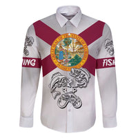 Florida State Flag Fishing Family Matching Long Sleeve Bodycon Dress and Hawaiian Shirt Hook and Fish Sketch Graphic in Red and White Design - Wonder Print Shop
