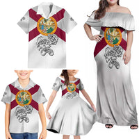 Florida State Flag Fishing Family Matching Off Shoulder Maxi Dress and Hawaiian Shirt Hook and Fish Sketch Graphic in Red and White Design - Wonder Print Shop