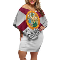Florida State Flag Fishing Family Matching Off Shoulder Short Dress and Hawaiian Shirt Hook and Fish Sketch Graphic in Red and White Design - Wonder Print Shop