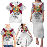 Florida State Flag Fishing Family Matching Puletasi and Hawaiian Shirt Hook and Fish Sketch Graphic in Red and White Design - Wonder Print Shop