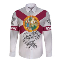 Florida State Flag Fishing Long Sleeve Button Shirt Hook and Fish Sketch Graphic in Red and White Design - Wonder Print Shop