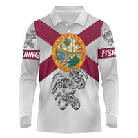 Florida State Flag Fishing Long Sleeve Polo Shirt Hook and Fish Sketch Graphic in Red and White Design - Wonder Print Shop