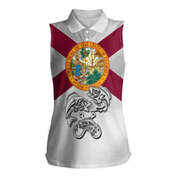 Florida State Flag Fishing Women Sleeveless Polo Shirt Hook and Fish Sketch Graphic in Red and White Design - Wonder Print Shop