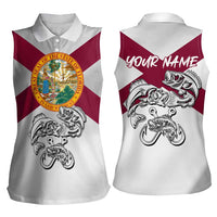 Florida State Flag Fishing Women Sleeveless Polo Shirt Hook and Fish Sketch Graphic in Red and White Design - Wonder Print Shop