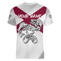 Florida State Flag Fishing Women V-Neck T-Shirt Hook and Fish Sketch Graphic in Red and White Design - Wonder Print Shop