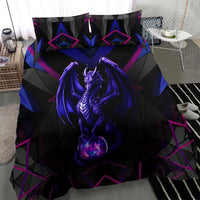 Custom Black And Purple Dragon Bowling Bedding Set Magic Orb Graphic on Geometric Black Background Design - Wonder Print Shop
