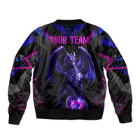 Custom Black And Purple Dragon Bowling Bomber Jacket Magic Orb Graphic on Geometric Black Background Design - Wonder Print Shop