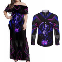 Custom Black And Purple Dragon Bowling Couples Matching Off Shoulder Maxi Dress and Long Sleeve Button Shirt Magic Orb Graphic on Geometric Black Background Design - Wonder Print Shop