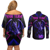 Custom Black And Purple Dragon Bowling Couples Matching Off Shoulder Short Dress and Long Sleeve Button Shirt Magic Orb Graphic on Geometric Black Background Design - Wonder Print Shop