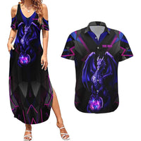 Custom Black And Purple Dragon Bowling Couples Matching Summer Maxi Dress and Hawaiian Shirt Magic Orb Graphic on Geometric Black Background Design - Wonder Print Shop