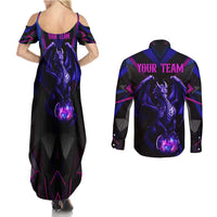 Custom Black And Purple Dragon Bowling Couples Matching Summer Maxi Dress and Long Sleeve Button Shirt Magic Orb Graphic on Geometric Black Background Design - Wonder Print Shop