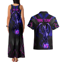 Custom Black And Purple Dragon Bowling Couples Matching Tank Maxi Dress and Hawaiian Shirt Magic Orb Graphic on Geometric Black Background Design - Wonder Print Shop