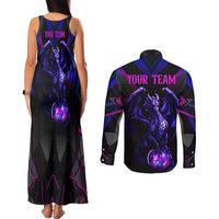 Custom Black And Purple Dragon Bowling Couples Matching Tank Maxi Dress and Long Sleeve Button Shirt Magic Orb Graphic on Geometric Black Background Design - Wonder Print Shop