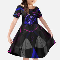 Custom Black And Purple Dragon Bowling Family Matching Off The Shoulder Long Sleeve Dress and Hawaiian Shirt Magic Orb Graphic on Geometric Black Background Design - Wonder Print Shop