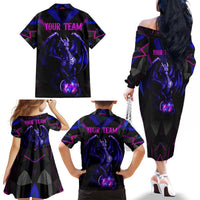 Custom Black And Purple Dragon Bowling Family Matching Off The Shoulder Long Sleeve Dress and Hawaiian Shirt Magic Orb Graphic on Geometric Black Background Design - Wonder Print Shop