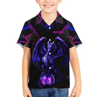 Custom Black And Purple Dragon Bowling Family Matching Off The Shoulder Long Sleeve Dress and Hawaiian Shirt Magic Orb Graphic on Geometric Black Background Design - Wonder Print Shop