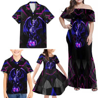Custom Black And Purple Dragon Bowling Family Matching Off Shoulder Maxi Dress and Hawaiian Shirt Magic Orb Graphic on Geometric Black Background Design - Wonder Print Shop