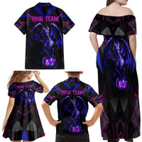 Custom Black And Purple Dragon Bowling Family Matching Off Shoulder Maxi Dress and Hawaiian Shirt Magic Orb Graphic on Geometric Black Background Design - Wonder Print Shop