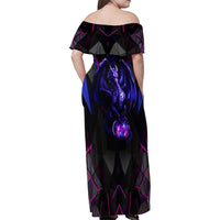 Custom Black And Purple Dragon Bowling Family Matching Off Shoulder Maxi Dress and Hawaiian Shirt Magic Orb Graphic on Geometric Black Background Design - Wonder Print Shop