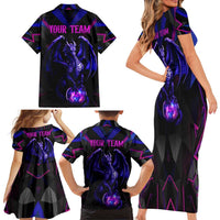 Custom Black And Purple Dragon Bowling Family Matching Short Sleeve Bodycon Dress and Hawaiian Shirt Magic Orb Graphic on Geometric Black Background Design - Wonder Print Shop