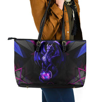 Custom Black And Purple Dragon Bowling Leather Tote Bag Magic Orb Graphic on Geometric Black Background Design - Wonder Print Shop