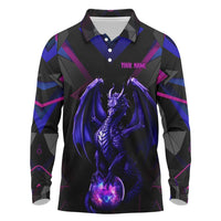 Custom Black And Purple Dragon Bowling Long Sleeve Polo Shirt Magic Orb Graphic on Geometric Black Background Design - Wonder Print Shop