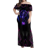 Custom Black And Purple Dragon Bowling Off Shoulder Maxi Dress Magic Orb Graphic on Geometric Black Background Design - Wonder Print Shop