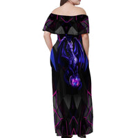 Custom Black And Purple Dragon Bowling Off Shoulder Maxi Dress Magic Orb Graphic on Geometric Black Background Design - Wonder Print Shop