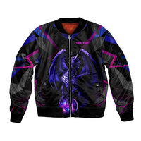 Custom Black And Purple Dragon Bowling Sleeve Zip Bomber Jacket Magic Orb Graphic on Geometric Black Background Design - Wonder Print Shop