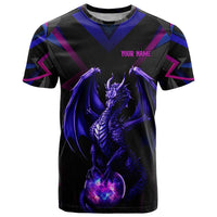 Custom Black And Purple Dragon Bowling T Shirt Magic Orb Graphic on Geometric Black Background Design - Wonder Print Shop