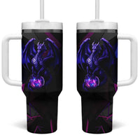 Custom Black And Purple Dragon Bowling Tumbler With Handle Magic Orb Graphic on Geometric Black Background Design - Wonder Print Shop