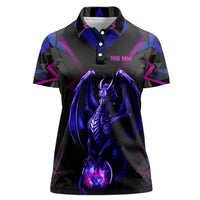 Custom Black And Purple Dragon Bowling Women Polo Shirt Magic Orb Graphic on Geometric Black Background Design - Wonder Print Shop